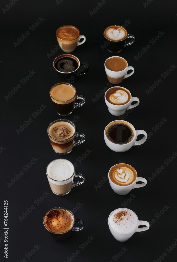 A row of coffee cups with different flavors and designs. Concept of variety and choice, as each cup offers a unique taste experience. The black background adds a sense of contrast A row of coffee cups with different flavors and designs. Concept of variety and choice, as each cup offers a unique taste experience. The black background adds a sense of contrast