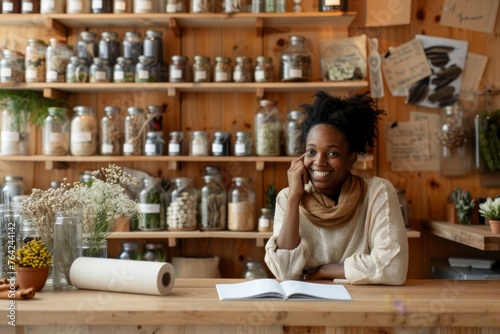 A black woman is sitting at a wooden table with a book open in front of her. She is smiling and she is enjoying herself. The table is surrounded by shelves filled with various jars and bottles