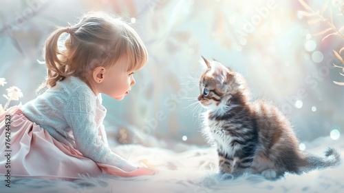 a little girl with blue eyes, chubby cheeks, and dimples, dressed in a pink skirt and white jumper, playing joyfully with her scruffy tabby kitten, portraying them as inseparable best friends.