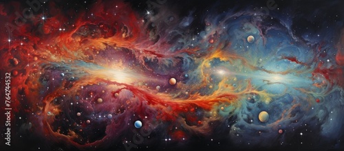 A painting depicting a vibrant and colorful galaxy filled with planets and shimmering stars in space