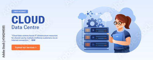 Cloud Data Centre Ad Banner - Network Infrastructure and Global Internet Connection, Girl, Woman