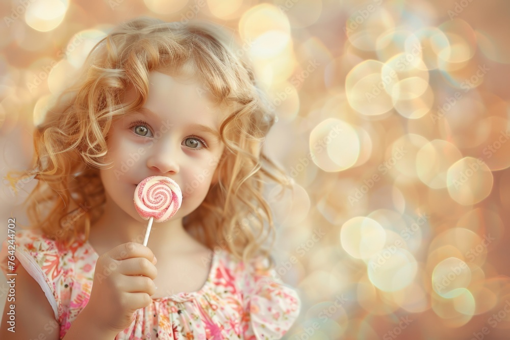 child girl in a pink dress with a lollipop in her hand. Celebration atmosphere. Banner with place for text. Bokeh background child girl in a pink dress with a lollipop in her hand. Celebration atmosphere. Banner with place for text. Bokeh background