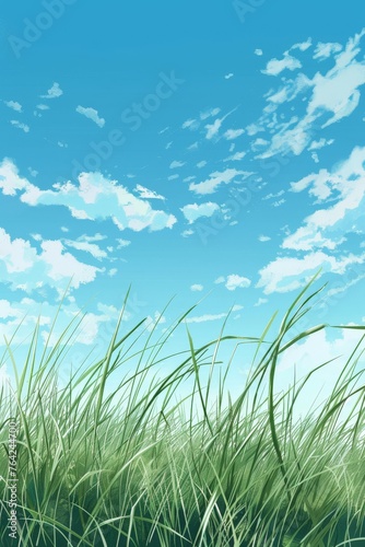 Grassy Field Under Blue Sky With Clouds