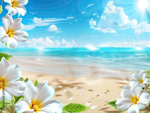 Serene beach scene with blooming flowers and shining sun. © Sebastian Studio