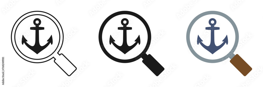 Set of magnifying glass icons with anchor, illustration Set of magnifying glass icons with anchor, illustration