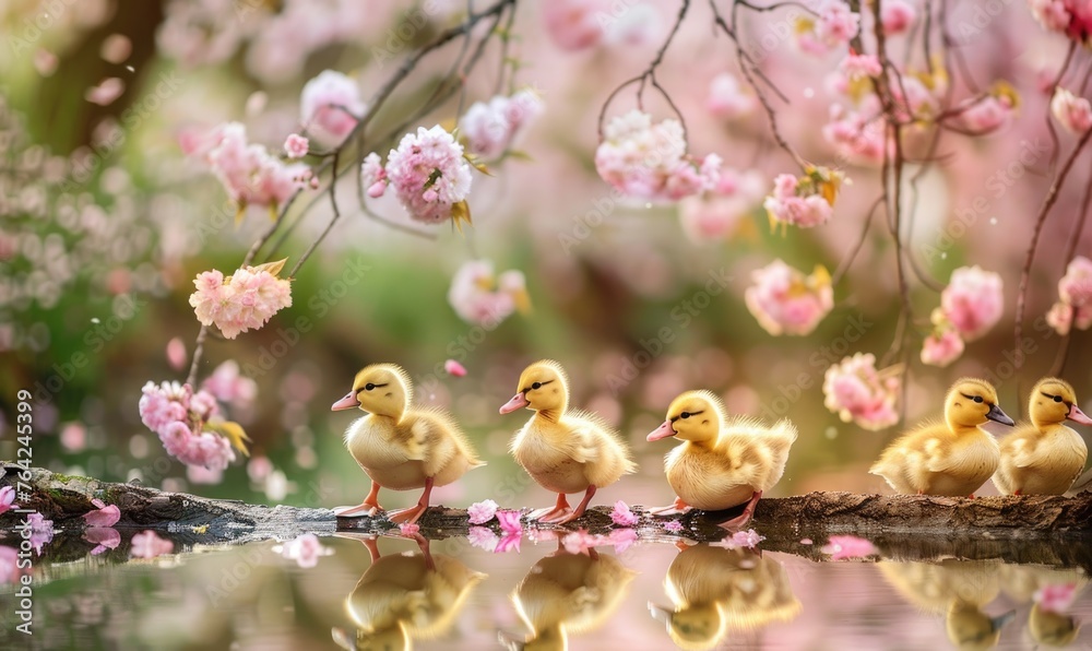 A group of fluffy ducklings waddling near a pond surrounded by blooming trees A group of fluffy ducklings waddling near a pond surrounded by blooming trees