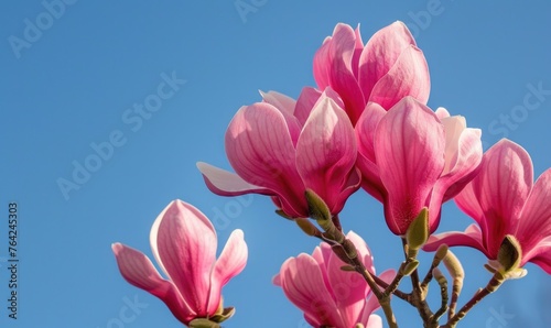 A cluster of pink magnolia blossoms against a clear blue sky