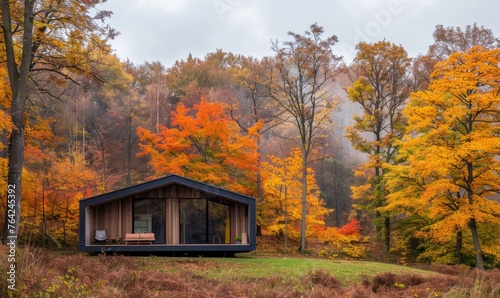 A cozy modern wooden cabin surrounded by colorful autumn foliage