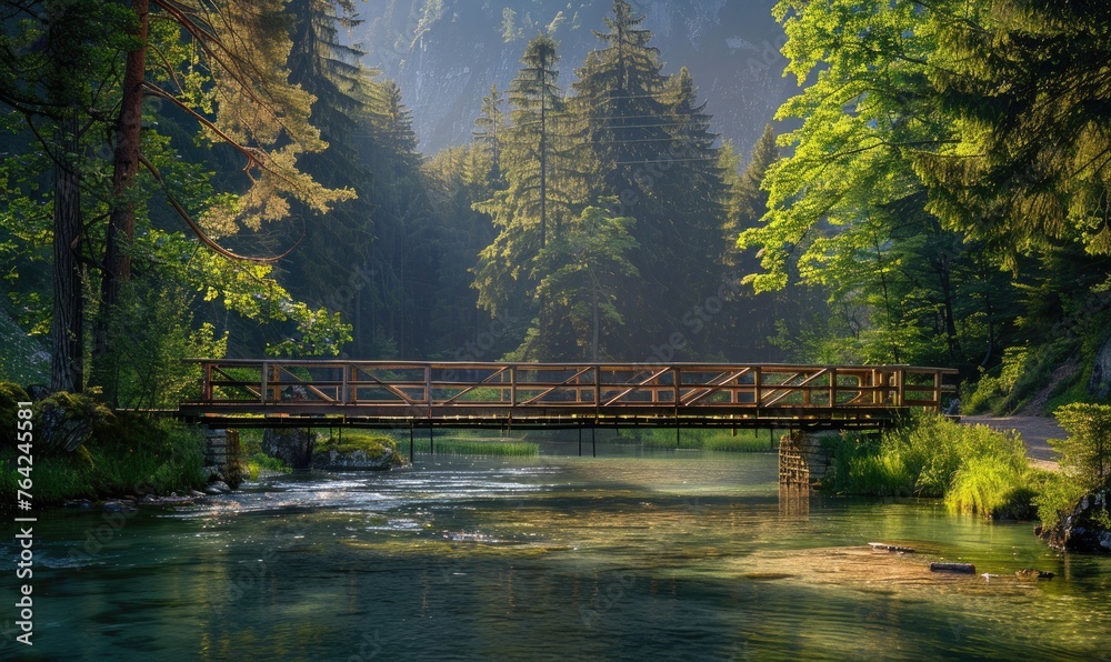A rustic wooden bridge spanning over a crystal-clear spring river