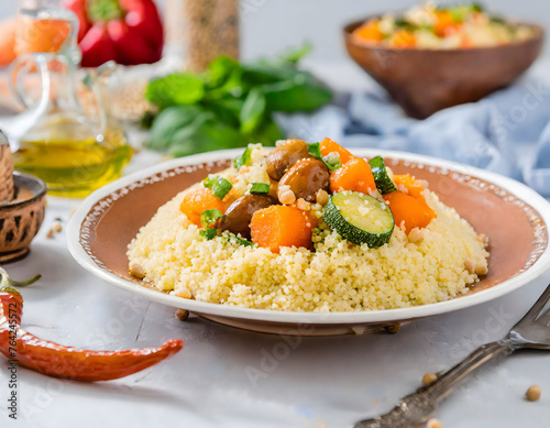 Traditional Moroccan Couscous With Vegetables Served on Ornate Plate