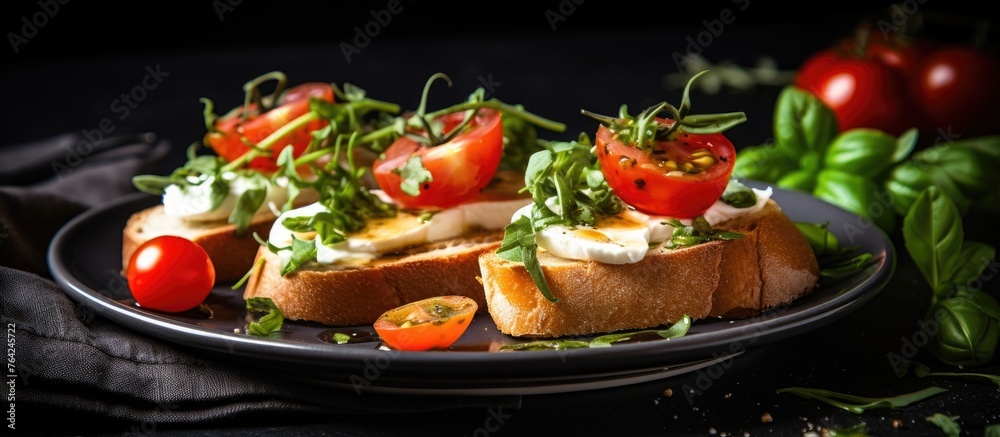 Plate of bruschetta with tomatoes and bread Plate of bruschetta with tomatoes and bread