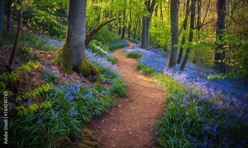 A winding pathway through a lush forest carpeted with vibrant bluebells