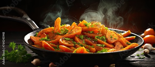 Carrots frying in a pan with billowing smoke
