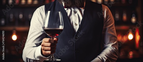 Man holding glass of wine by bottles, sommelier at wine tasting experience photo