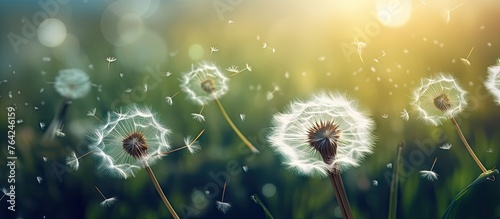Giraffes and dandelions in the wind with sunlight