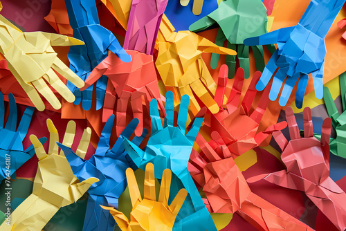 Collage of the colorful paper hands as symbol of diversity and inclusion photo