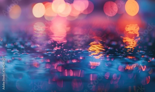 Bokeh lights reflecting off water droplets on a rainy day © TheoTheWizard