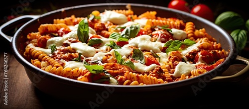 Meat and cheese pasta in pan on table