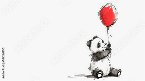 Expressive Panda Sketch with Red Balloon: Minimalistic Line Art. Generative AI