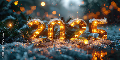 Golden numbers 2025 on the background of Christmas tree branches,golden bokeh.. Holiday card for the New Year. Happy New Year and Merry Christmas