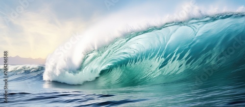 Big ocean wave crashing with mountain backdrop © Ilgun