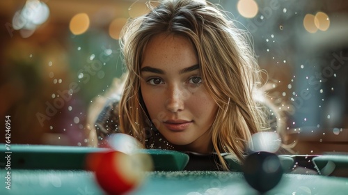 Young Woman Leaning on Pool Table