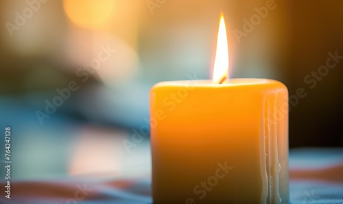 Close-up of a candle burning brightly with soft focus on the flame