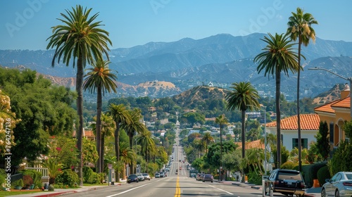 Palm Trees Lining Street With Mountain Backdrop