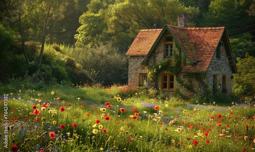 A charming cottage nestled amidst a field of spring wildflowers