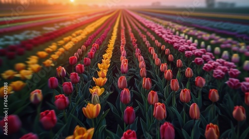 Colorful Rows of Tulips in a Field #764247388