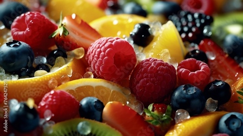 Bowl of Fresh Fruit with Strawberries  Raspberries  Blueberries  and Kiwis 