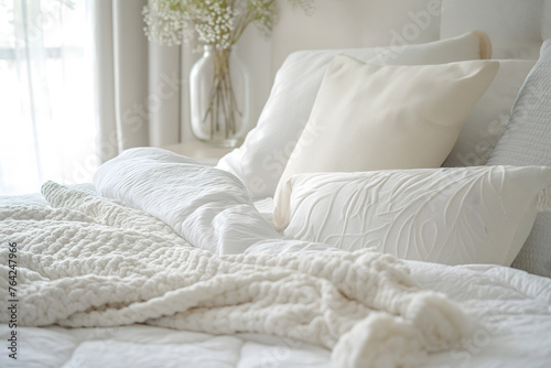 beige duvet and plaid lying on the background of the headboard with pillows, close-up, the concept of preparing for the winter season,household chores,comfort in the house,hotel and home textiles