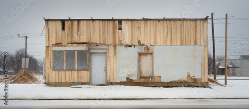 Old commercial building boarded up in winter