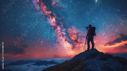 Person Standing on Mountain, Looking at Sky