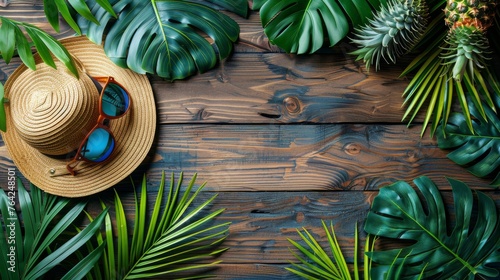 Sun Hat, Sunglasses, Palm Leaves on Wooden Background