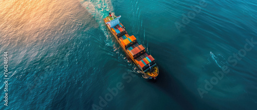 Sea delivery shipment maritime cargo ship loaded with containers stack boxes in ocean waters. Logistic shipping transport company, freight business industry, international commercial trade background.