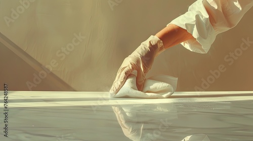 the hand of a woman clad in a glove meticulously wipes dust off a table with a rag, against a light background, depicting a realistic scene of domestic cleanliness. photo