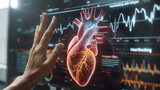 Hand Interacting with a 3D Holographic Heart Display, Showing Vital Signs and Heart Health Analytics on a Digital Monitor.