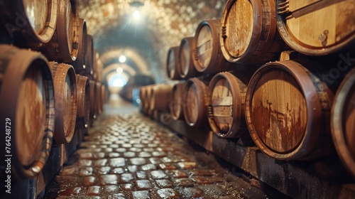 Rows of Wine Barrels in Wine Cellar