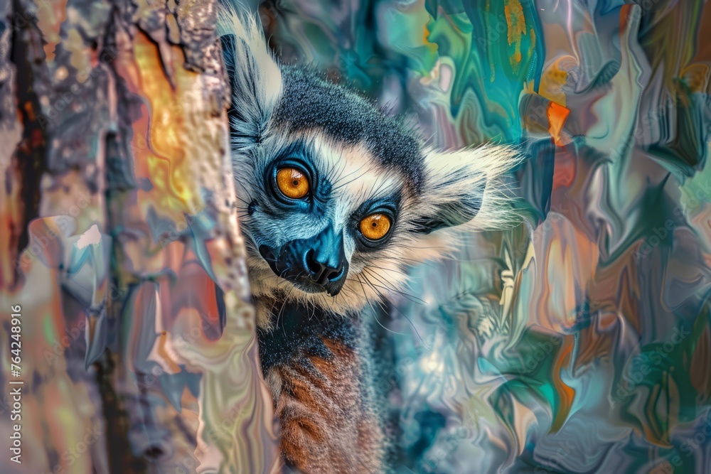 A close-up view of Lemur peeking out from behind a tree at zoo visitors, showcasing its curious behavior and interaction with its environment