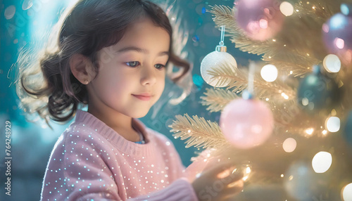 merry Christmas time, portrait of a smiling little girl child at home near the xmas tree decorated with pink and white balls and lights, generate AI