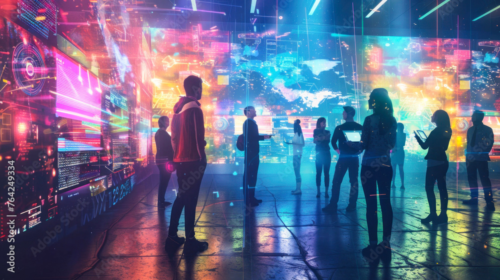 People in silhouettes surrounded by mesmerizing bright screens of futuristic digital data
