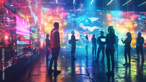 People in silhouettes surrounded by mesmerizing bright screens of futuristic digital data photo