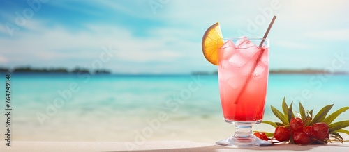 A lemon slice and straw in a close-up drink on a table