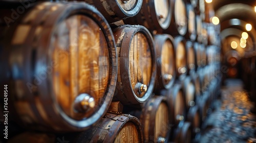 Rows of Wine Barrels in Wine Cellar