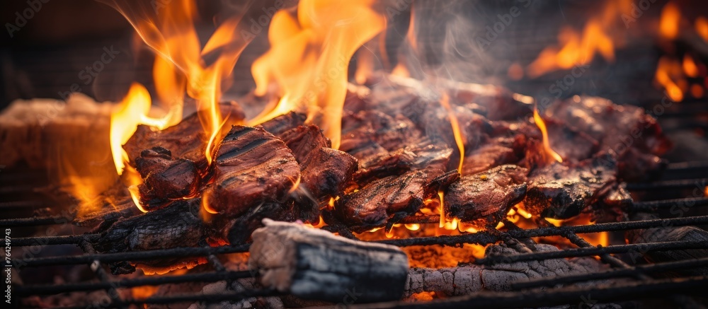 Flames grilling closeup with meat on the grill Flames grilling closeup with meat on the grill