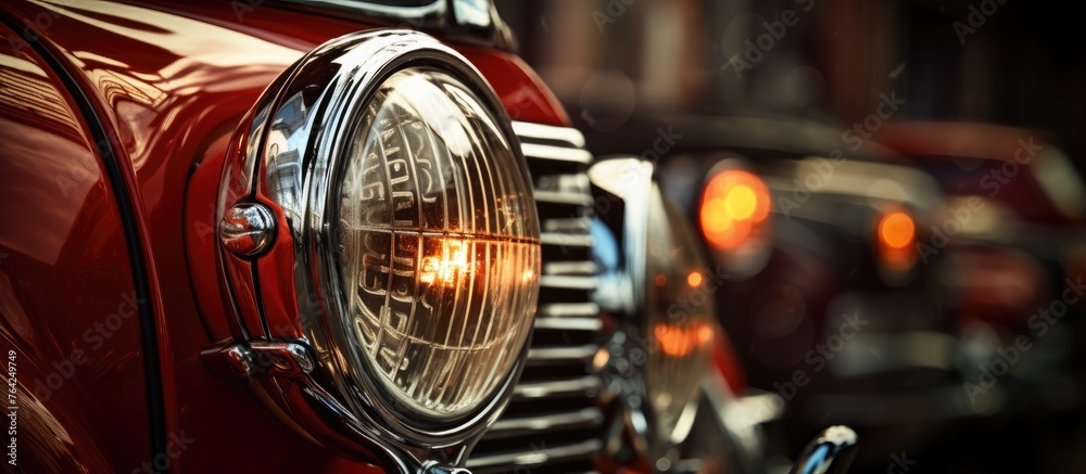 Red car close up with a illuminated headlight Red car close up with a illuminated headlight