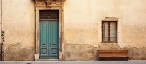 European building entrance with vintage blue door