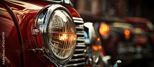 Red car close up with a illuminated headlight
