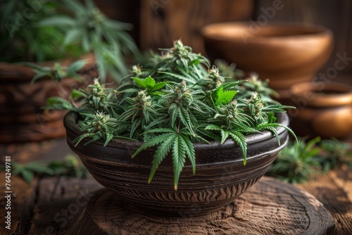 A rustic-style wooden bowl filled with dense cannabis flower buds on a vintage wooden backdrop